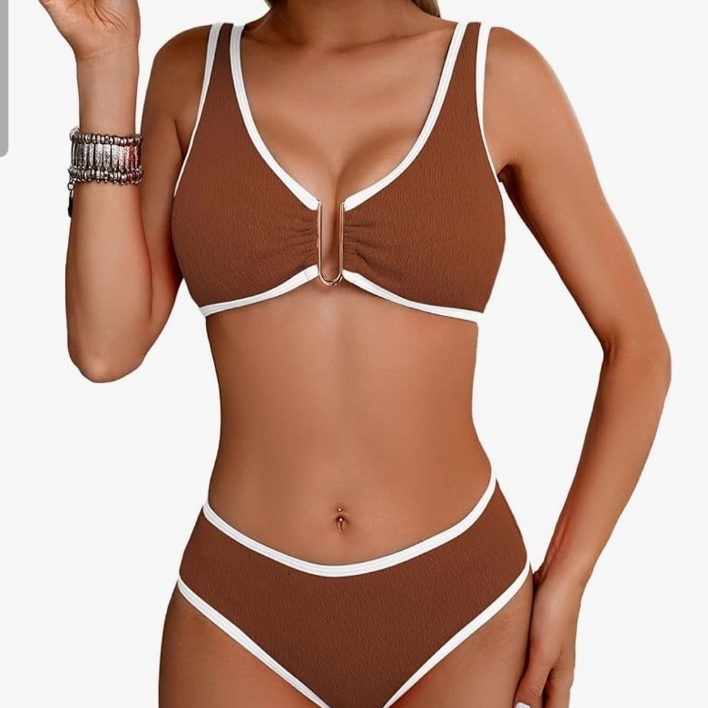 Swimall Women's Bikini Set Brown White Sporty Two-Piece Swimsuit Size S